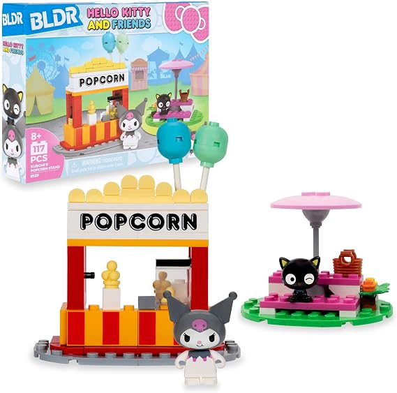 BLDR Hello Kitty and Friends Kuromis Popcorn Stand Building Set - Kuromi & Chococat Poseable Minifigures - Gifts for Kids & Sanrio Fans Ages 8+, 0129