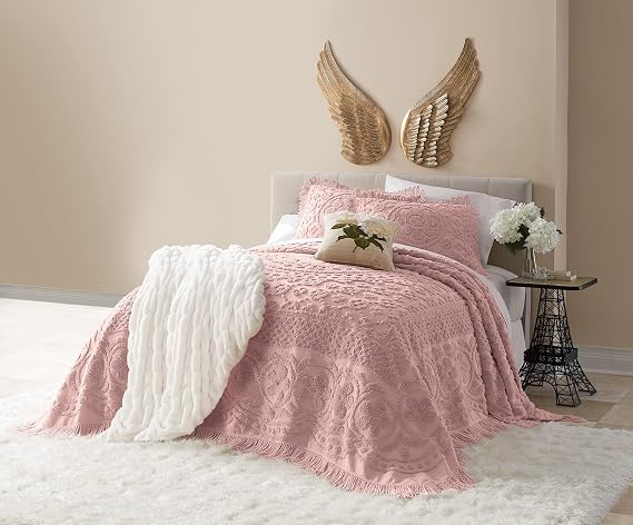 Montgomery Ward Emily Floral Chenille Bedspread (Blush, Twin) | Soft cotton chenille bedspread with floral design, textured detailing, and lightweight coverage for coordinated bedroom decor