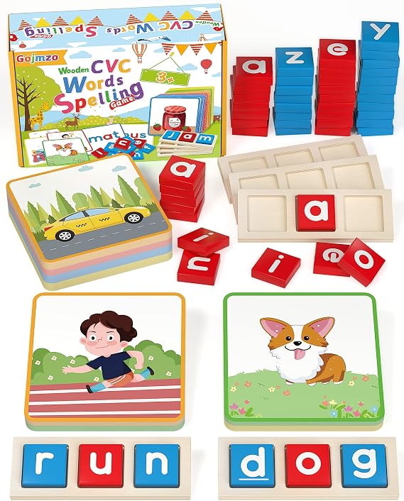 Wooden CVC Word Spelling Games, Montessori Educational Learning Toys Gifts for 3 4 5 6 Year Old Kids, Preschool Kindergarten Learning Activities, Sight Words Flash Cards Reading Letters for Toddlers