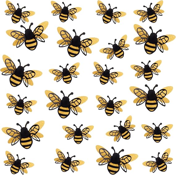 24 Pcs 3D Bee Decorations, 2 Size Double Layer Glitter Honey Bee Stickers Wall Decor, Realistic Shining Big Bumble Bees Cutouts Decals for Home, Party, Classroom, Outdoor Themed Decor