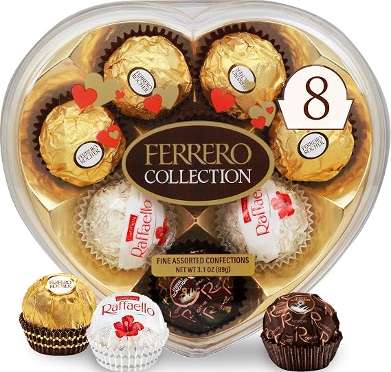 Ferrero Collection Valentine's Day Heart Gift Box, 8 Assorted Hazelnut, Dark Chocolate and Coconut Treats, 3.1 oz
