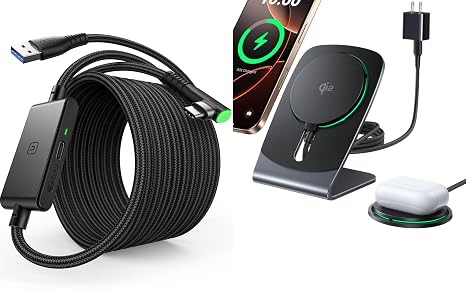 INIU Link Cable 16ft with Charging Port VR Cable for Meta Oculus Quest & Qi2 Certified 15W Mag-Safe Wireless Charger Stand Combo
