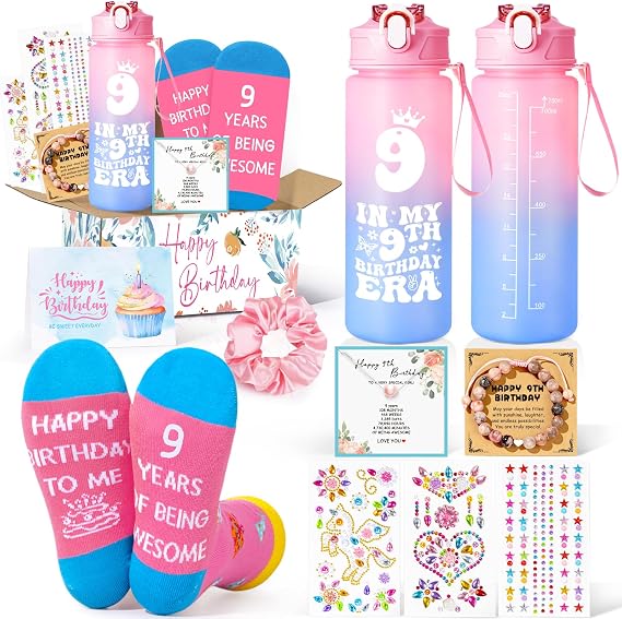 Frerdui 9 Year Old Girl Birthday Gifts, Cute Presents for 9 Year Old Girls, Tween Girl Gift Set with in My 9th Birthday Era Water Bottle, Socks, Bracelet & DIY Diamond Kit