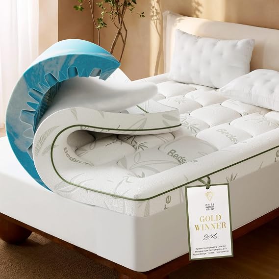 Bedsure 2-in-1 Mattress Topper, 5 Inch King Size Memory Foam Mattress Topper, 3 Inch Memory Foam + 2 Inch Viscose Made from Bamboo Mattress Topper Pad, Flippable Memory Foam with Dual Comfort, White