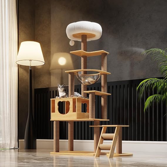 Cat Scratching Post for Large Cats 165 cm 8-Tier Cat Tree House Transparent Space Capsule Plush Jumping Platform Toy Ball Claw-Grinding Sisal Ladder (Wood Colour)