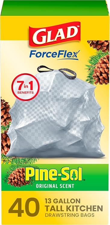 Glad ForceFlex Tall Kitchen Trash Bags, 13 Gallon, Pine-Sol Original, 40 Count (Package May Vary)