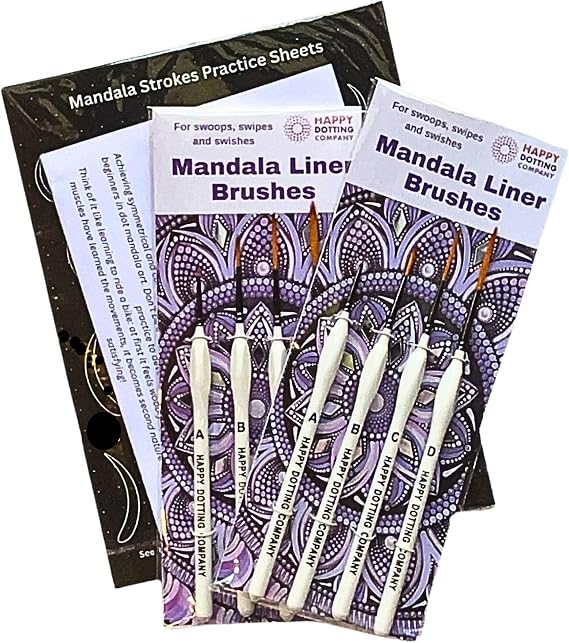 Mandala Liner Brushes for dot Mandala Art - 4 pc Liner Paint Brush Set x 2 - Happy Dotting Company - Perfect for swipes and swooshes - Plus Practise Sheets with Instructions