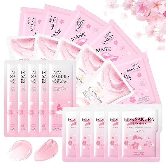 Sakura Skin Care Set for Teenage Girls, Lovely Travel Skincare Set for Women, 20-In-1 Spa Party & Sleepover Skincare Kit with Sleeping Face Mask, Mud Mask, Lip Mask & Exfoliating Scrub, Five of Each