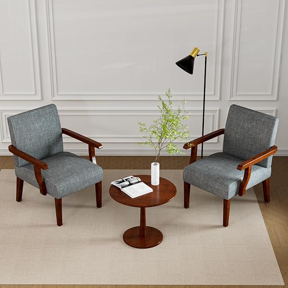 Accent Chairs Set of 2 with Side Table, Retro Solid Wood Arm Chair, Upholstered Living Room Chairs, Kitchen Chairs with Arms and Cushion for Small Space (Grey)