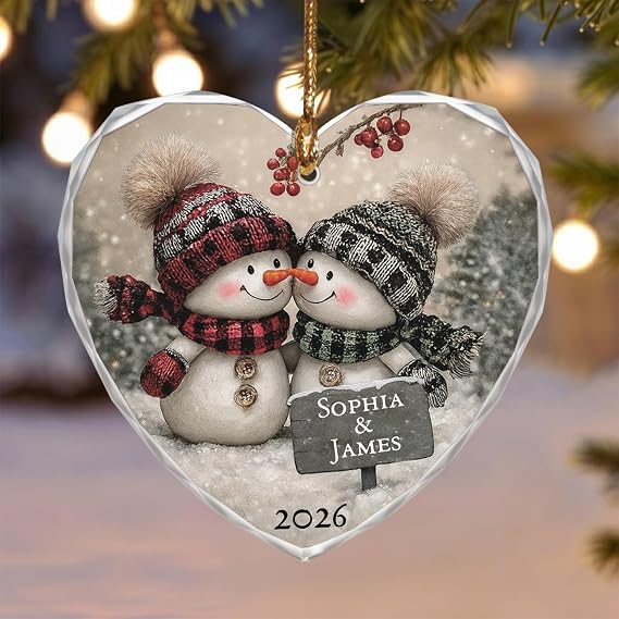 Noni Personalized Couple Heart Glass Ornament, Custom Names Printed and Year 2026, Snowman Couple Art Clear Faceted Tree Keepsake, Gifts for Couples, Gifts for Christmas