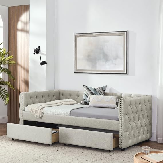 Upholstered Twin Size Daybed with Two Drawers, with Button and Copper Nail on Square Arms, Beige (82.75''x43''x30.75'') (Beige + Linen + Classic + Contemporary + Luxury + Modern + Traditional)