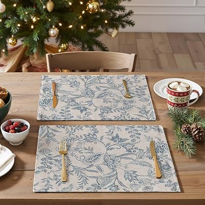 JINCHAN Linen Floral Placemats Christmas Set of 4 Cloth Table Mats Rustic Cottagecore Botanical Outdoor Seasonal for Kitchen Dining Table Decor Non-Slip Washable Tablemats 13x19 Inch Blue