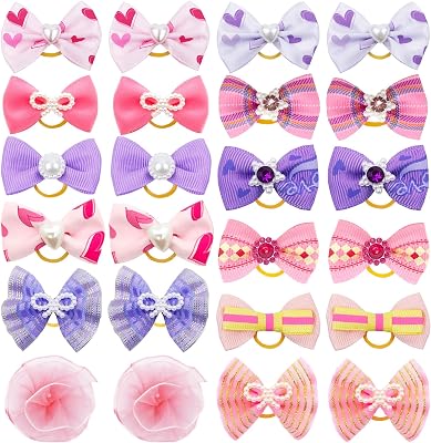 24PCS Dog Hair Bows Cute Small Bowknot with Rubber Bands for Puppy Handmade Hair Accessories with Rhinestone Pearls Bow Pet Grooming Products