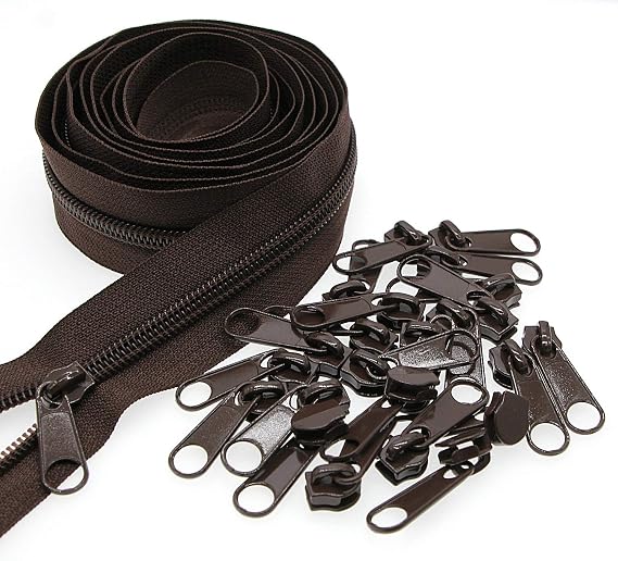 Leekayer #5 Brown Nylon Coil Sewing Zippers by The Yard Bulk 10 Yards with 25pcs Sliders for DIY Tailor Sewing Craft Bag(Brown)