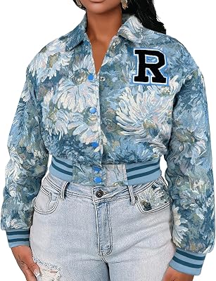 KANSOON Varsity Jacket Women Bomber Textured Floral Cropped Jackets Letterman Snap Buttons Long Sleeves Coats