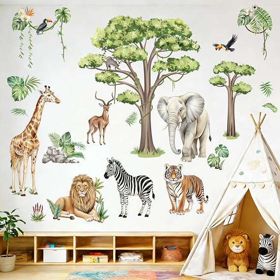 Wall Sticker Jungle Animal Lion Zebra Elephant Tiger Giraffe Wall