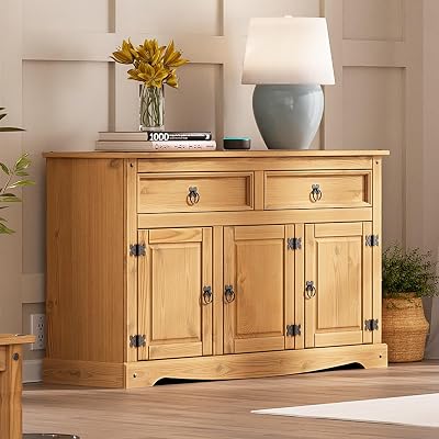 Furniture Dash Solid Wood Storage Cabinet 51.9 W, 16.9 D, 31.7 H - Sideboard Buffet with 3 Doors & 2 Drawers, Ideal for Living Room, Kitchen, Dining Room & Hallway - Antique Brown