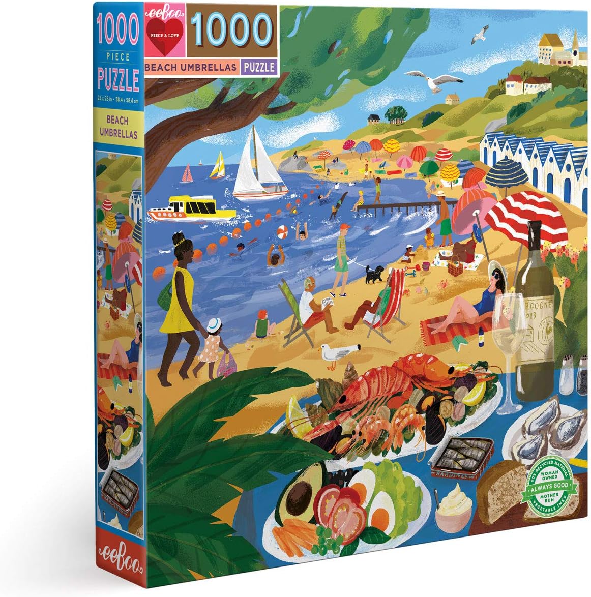 eeBoo: Piece and Love Beach Umbrellas 1000 Piece Square Adult Jigsaw Puzzle, Puzzle for Adults and Families, Glossy, Sturdy Pieces and Minimal Puzzle Dust