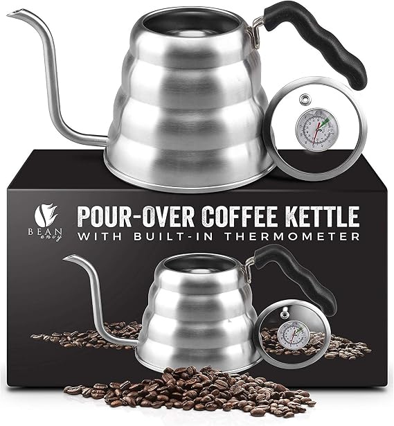 Bean Envy Gooseneck Kettle Stovetop - Pour Over Kettle with Thermometer | 40 Oz (1,200 ml) Stainless Steel, Coffee and Tea Brewing, Ergonomic Heat-Safe Handle, Precision Flow Control