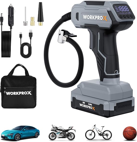 WORKPROX Tire Inflator Portable Air Compressor, 150 PSI Cordless Car Tire Pump with Digital Pressure Gauge, Fast Inflation, Rechargeable Battery & 12V DC Power, for Cars, Motorcycles, Bikes, Balls