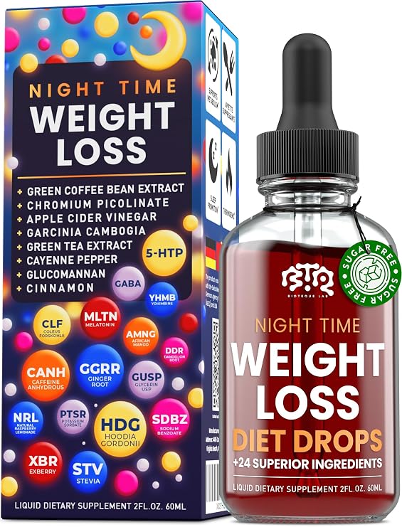 BIOTEQUELAB Night Time Weight Loss Diet Drops - Appetite Control, Fat Burner, Metabolism Booster - Apple Cider Vinegar - Cinnamon - Cayenne Pepper