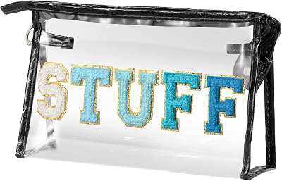 Blue STUFF Cosmetic Bag Preppy Patch Chenille Varsity Letter Makeup Bag PVC Zipper Waterproof Beach Travel Toiletry OrganizerBlack