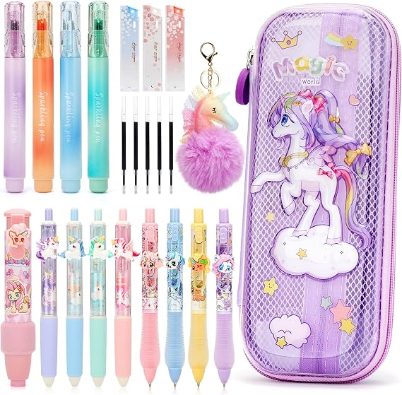 Unicorn Pencil Case Girls with Pens Unicorn Gifts for Girls 4 5 6 7 8 9 Years Kawaii Pen Set & Stationery Set with Pencil Case Highlighter & Eraser Pen Purple