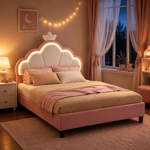 Pink Double Princess Bed Frame, Velvet Upholstered Girls Bed with Cloud-Shaped Headboard, RGB LED Lights, Height Adjustable Headboard and Wooden Slats for Children’s Bedroom
