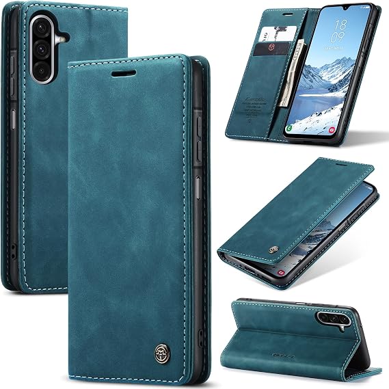 Samsung Galaxy A26ケース、カードホルダー付きフリップウォレットレザーケース、磁気クロージャー、耐衝撃キックスタンド保護電話ケースカバー、Galaxy A26用、ブルーグリーン