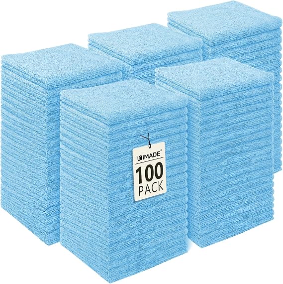 UNIMADE Washcloths Bulk 100 Pack Face Towels, Highly Soft Wash Cloths | Hand Towels, Fast Drying Multi-Purpose Microfiber Cleansing Cloths for Bathroom, Hotel, Spa, and Salon Blue (12" x 12")