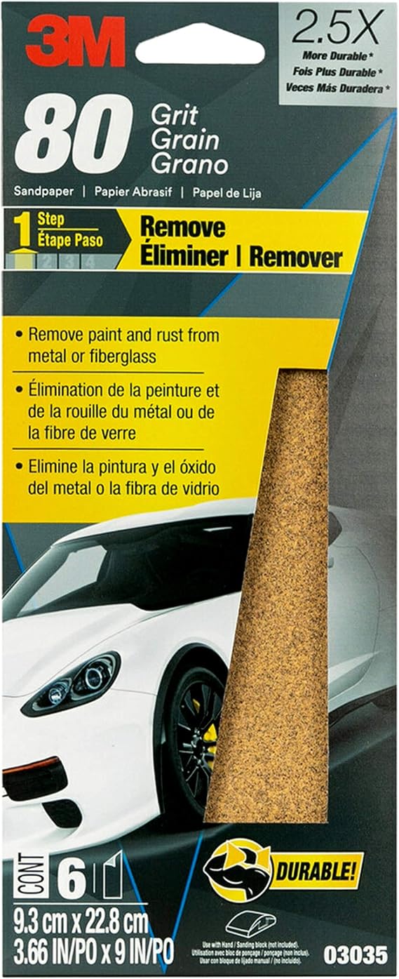 3M Sandpaper, 03035, 80 Grit, 3 2/3 in x 9 in, 6 Sheets