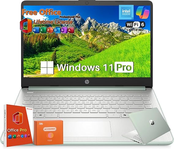 HP 2025 14 inch HD Laptop, Office Pro Lifetime License, 16 GB RAM, 384 GB Storage(128GB UFS+256GB MSD), Intel Processor N150, Copilot AI, Wi-Fi 6, Lightweight, Windows 11 Pro, w/Accessories