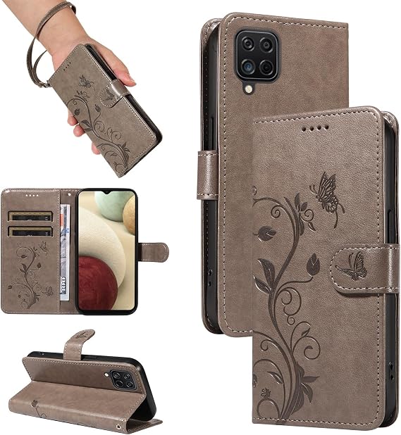 Flip Case for Samsung Galaxy A12, Kickstand and 2 Card Slots, 360 Degree Protection Shockproof PU Leather Phone Case, Foldable and Scratch Resistant, Grey