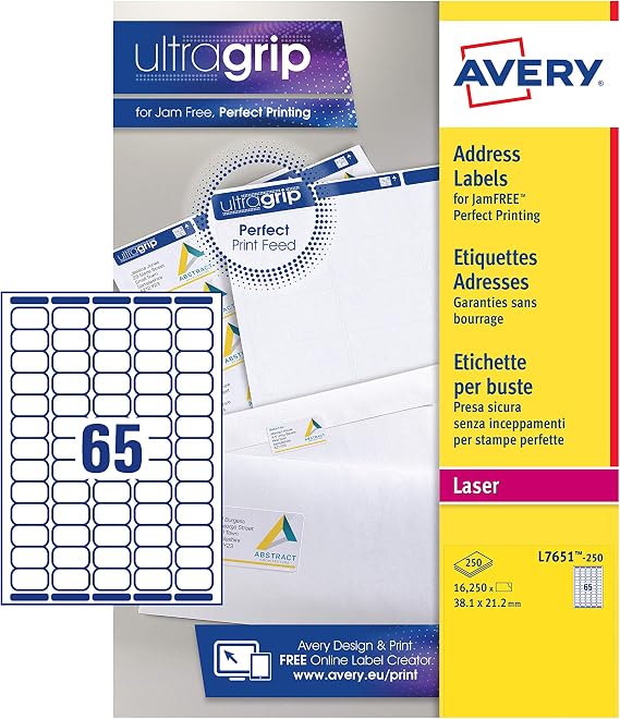 Avery Printable, Customisable Mini Organising Return Address Labels, Laser Printers, 65 Labels Per A4 Sheet, 16250 Labels, QuickPEEL (L7651), White, 250 Sheets