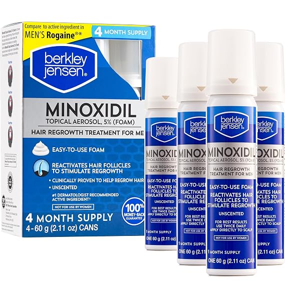 Berkley Jensen Men's Minoxidil Foam for Hair Loss and Hair Regrowth, 5% Minoxidil Topical Aerosol Thinning Hair Treatment for Men 4 -Month Supply, 2.11 Ounce, (Pack of 4)