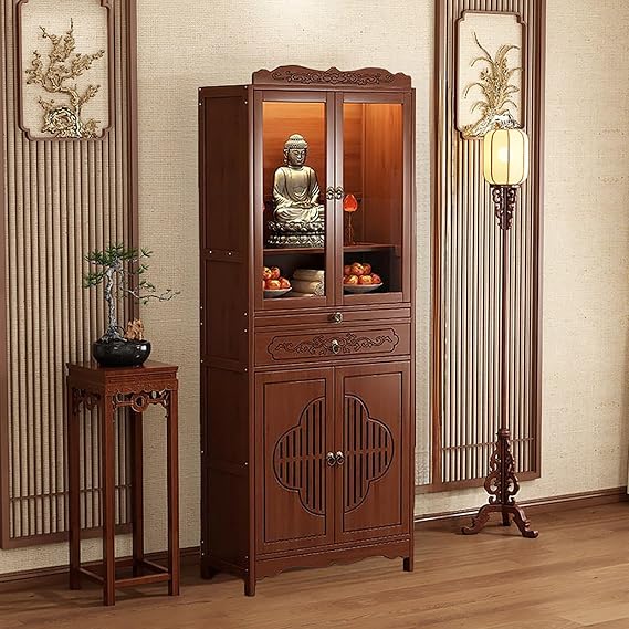 Buddhist Altar Table with Storage Drawers, Chinese Buddhist Prayer Altar Cabinet, Temple for Home, Pooja Mandir (Walnut with Door, 20.4 * 13 * 67in)