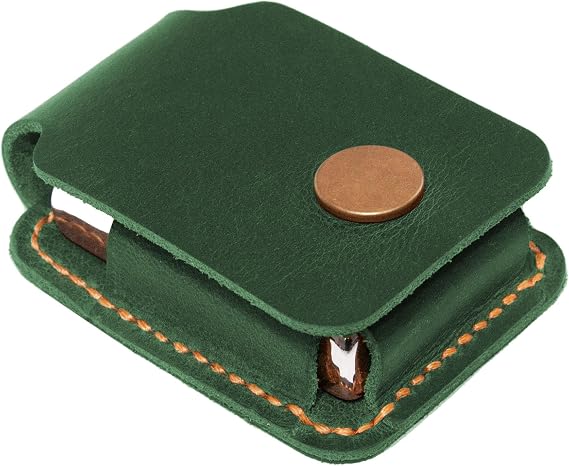 Leather Lighter Case, Handmade Leather Lighter Case for Men, for Leather Zippo Cover, Engraved Leather Lighter Holder Belt Case, Birthday Gift for Him or Her (Green)