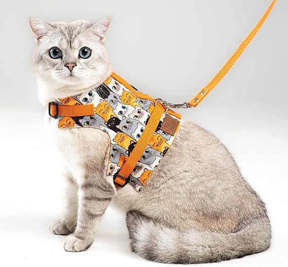 Kaçış Önleyici Kedi Gezdirme Tasması Ve Küçük Irk Köpek Gezdirme Tasması (S, Turuncu Kedi Desenli)
