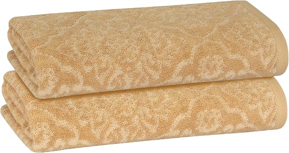2 Pack Damask Hand Towel, Bath Towel, and Bath Sheet Towel, 100% Cotton Yarn Dyed, Lux Drying Experience, Great for Hands and Body, Perfect for Spa & Home Use (Wheat, Bath Sheet)