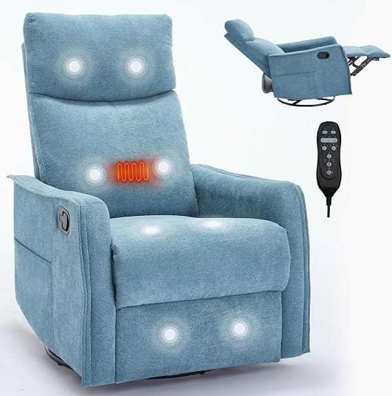 Swivel Rocker Recliner Chair with Heat and Massage, 360 Swivel Recliner Upholstered Fabric Nursery Glider with Side Pocket for Living Room, Bedroom, Home Theater Blue