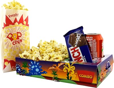 SNAPPY Movie Night Kit, 18 Pcs Dinosaur Kids Snack Trays 6 ct & Burst Design Popcorn Bags 12 ct, Disposable Movie Snack Boxes for Family Movie Night & Home Theater Parties