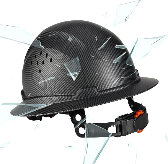 COOLJOB Full Brim Hard Hat, Vented Construction Safety Helmet OSHA Approved, 6-Point Ratchet Suspension, Carbon Fiber Pattern Design