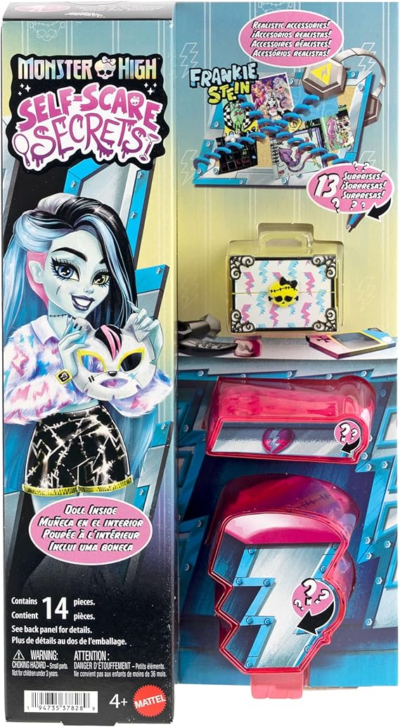 Monster High Self-Scare Secrets Frankie Stein Doll and Accessories Set with 13 Realistic Surprises Like Hair Dye Kit and Gaming Console | 13 Realistic Surprises, Hair Dye Kit, Gaming Console