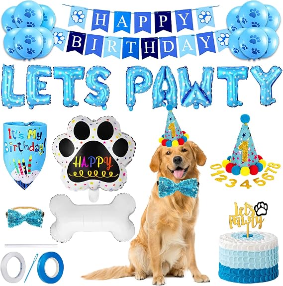 21Pcs Dog Birthday Decorations,Boy Dog Theme Birthday Supplies | Cute Lets Pawty Birthday Decorations, Dog Theme Birthday Decorations