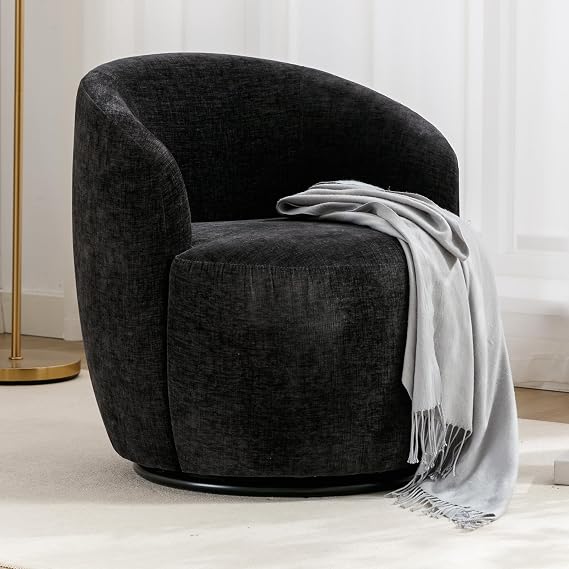Chenille Fabric Swivel Accent Chair, 360 Barrel Swivel Chair with Black Metal Ring Base for Living Room,Bedroom,Office,Lightweight Ergonomic Design (Black)