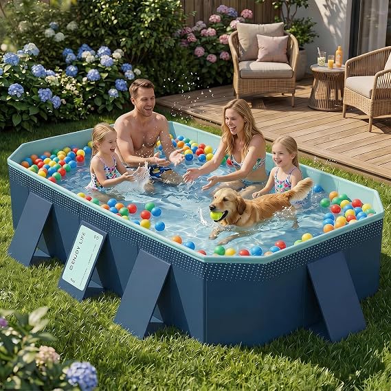 Foldable Pool, Non-Inflatable Adults & Kids Swimming Pool, Outdoor Pool for Backyard Garden Dog Pool, 113" L x 66" W x 20" H, Dark Blue