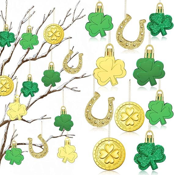 36PCS St Patricks Day Decorations Shamrock Ornaments, 6 Styles Glossy & Glitter Clover Baubles with Gold String for Irish Party, Spring Tree, Home & Office Decor