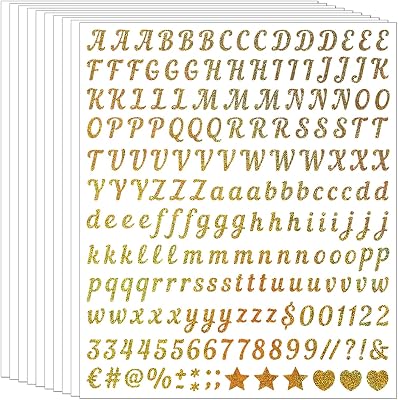 Script Style Glitter Letter Stickers, 10 Sheets 0.5-Inch Gold Alphabet & Numbers for Scrapbook, Journaling, Card Making, Gift Labels and DIY Crafts