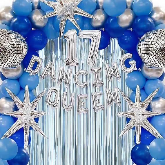 Dancing Queen Party Decorations 17 - Dancing Queen 17th Birthday Decorations for Girls Blue, Silver Tassel Disco Ball Glitter Garland Disco Ball Balloon for Bachelorette Party Birthday Supplies