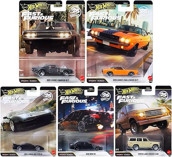Hot Wheels Premium Fast & Furious 25. Yıl 5'li Set BMW M5, Dodge Charger, Honda NSX Type-R, Dodge Challenger, Land Cruiser, Die-Cast Metal Arabalar HNW46 979Q